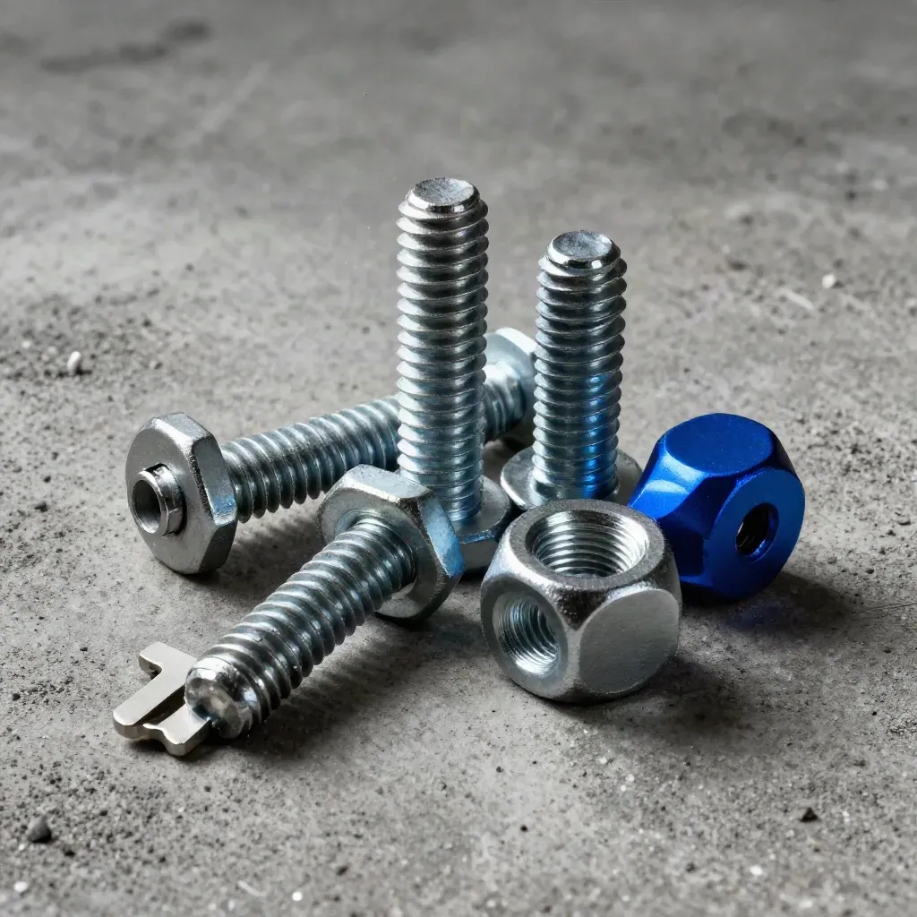 Anchor bolts, steel nut and coupler on rough concrete with a blue accent