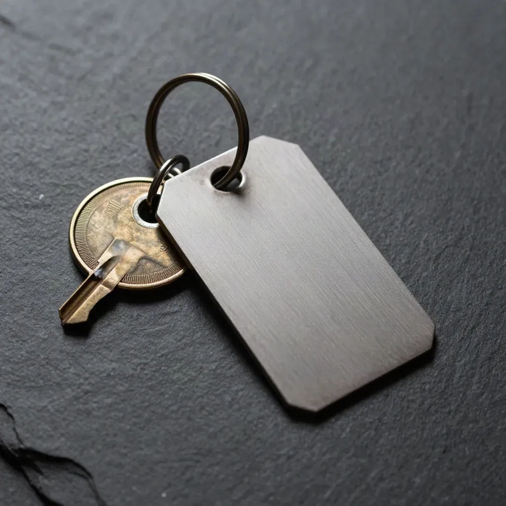 Blank aluminium asset tag, brass key ring and seal disc on dark stone.