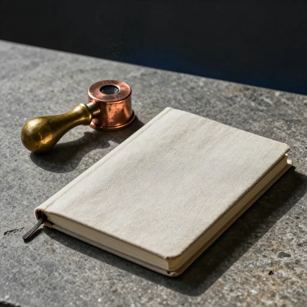 Brass stamp, linen notebook, and copper paperweight on brushed stone in soft directional light.