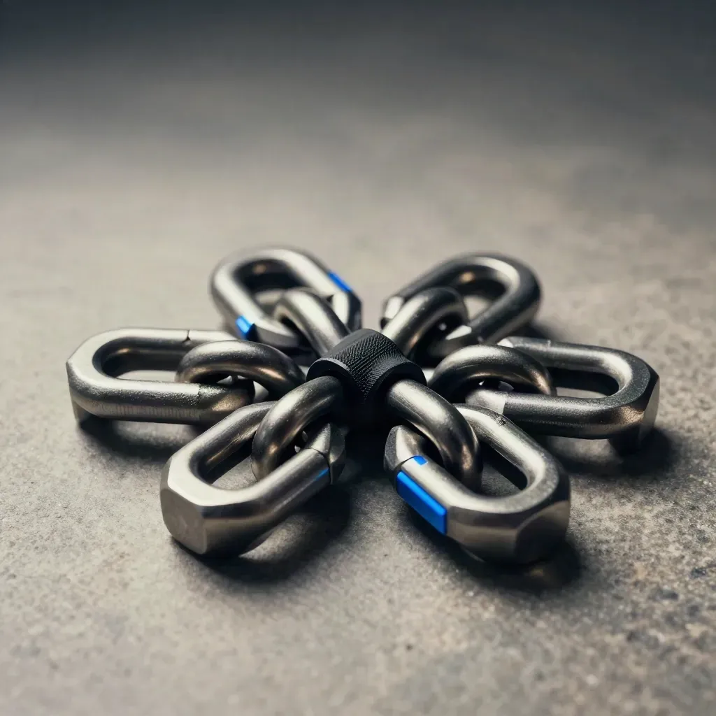 Steel links and couplers assembled on stone with a subtle blue accent, viewed from above.