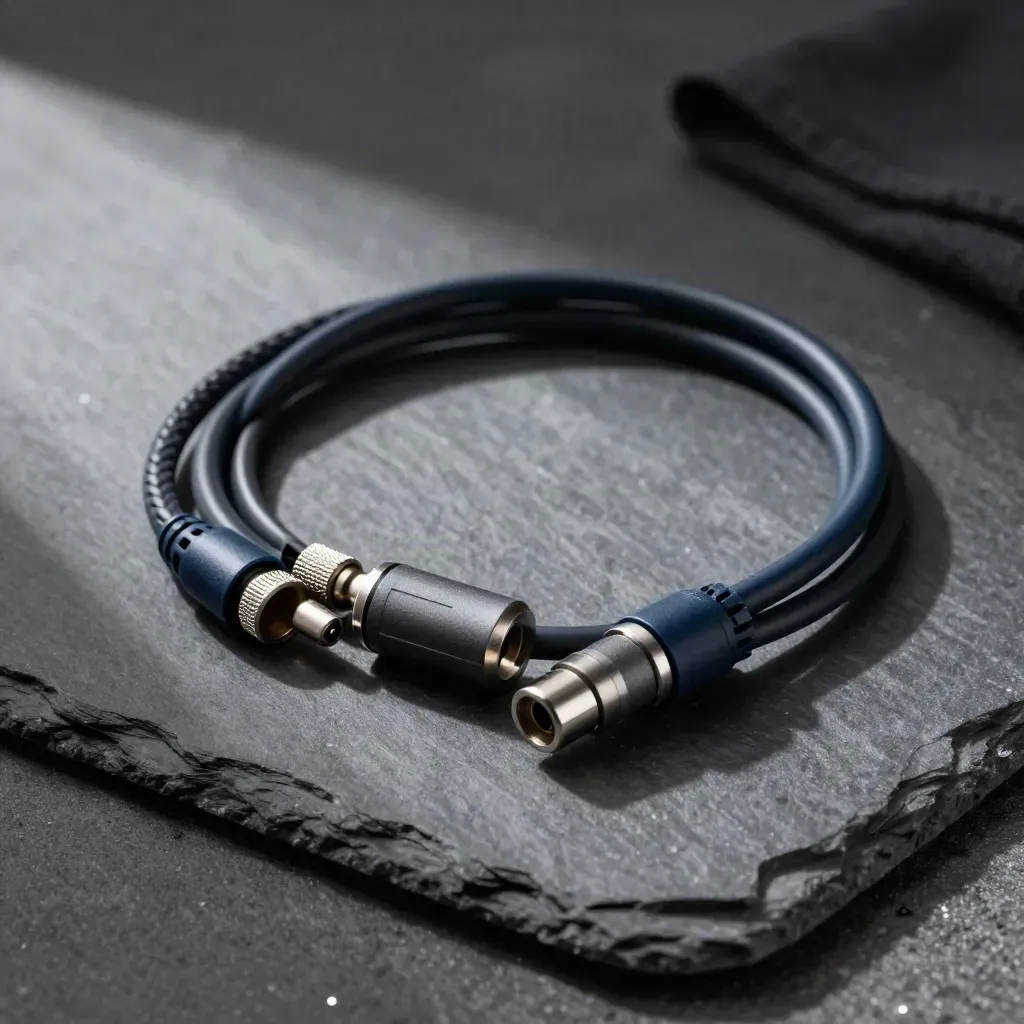 Braided sensor cable looping around connectors and a graphite module on slate.